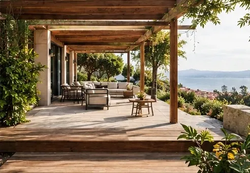 Pergola en bois sur une terrasse face à la mer