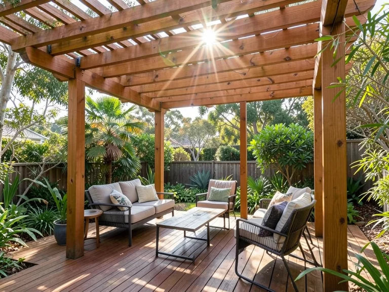 "A serene outdoor living space in Sydney featuring a beautifully crafted wooden pergola with sunlight filtering through, overlooking a styli