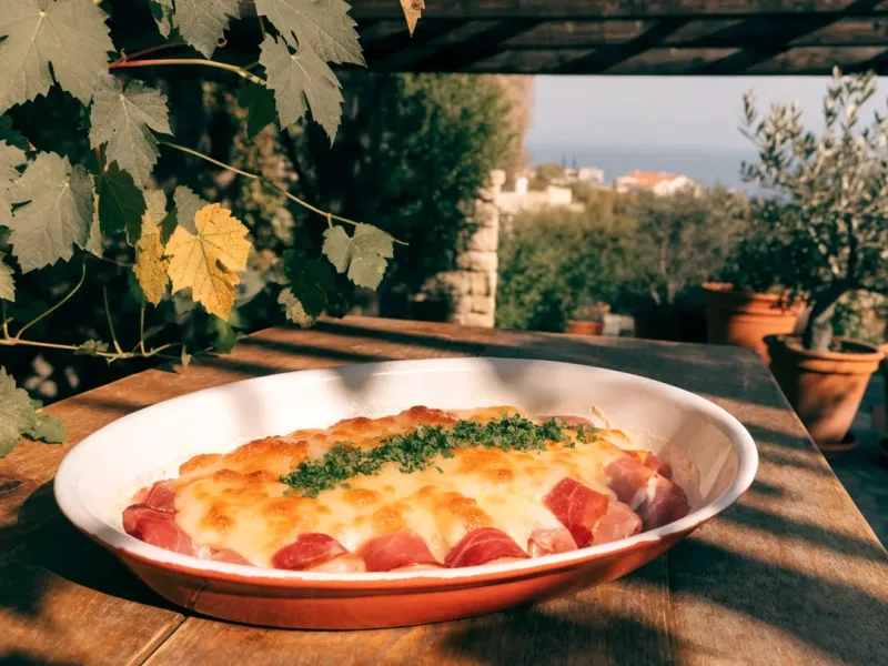 Gratin d’asperges blanches en bocal roulées dans le jambon, béchamel dorée, sous une pergola en bois avec vigne