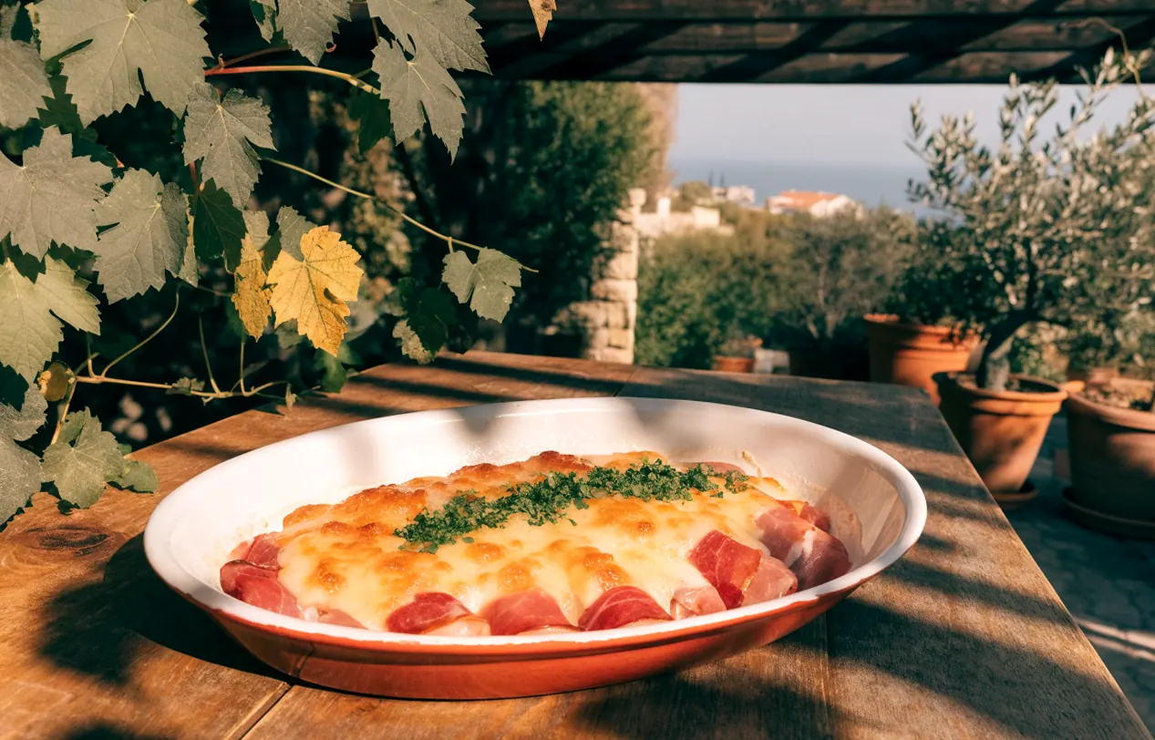Gratin d’asperges blanches en bocal roulées dans le jambon, béchamel dorée, sous une pergola en bois avec vigne