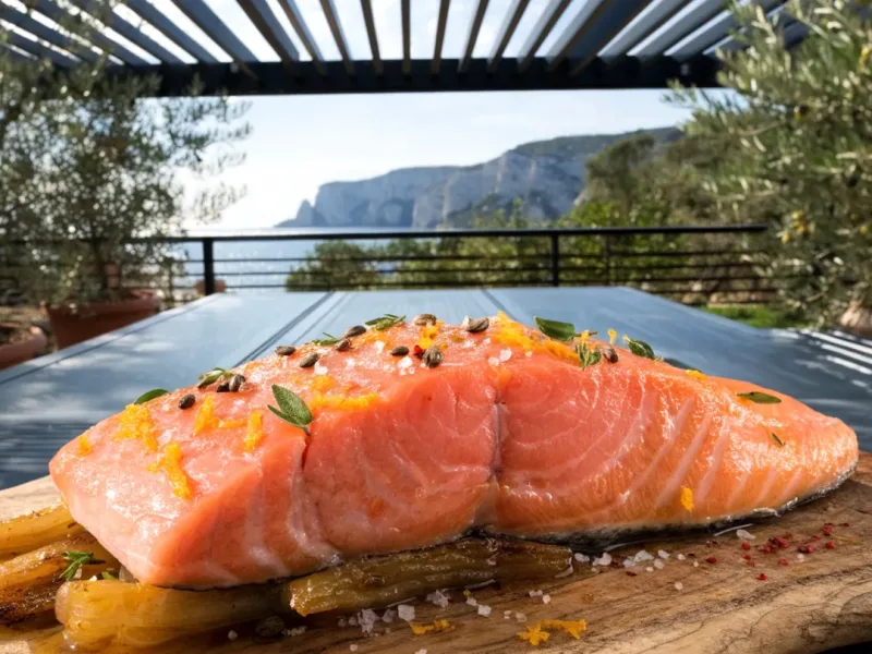 Baron de saumon rôti à basse température, tranché sur une planche avec du fenouil, sous une pergola bioclimatique