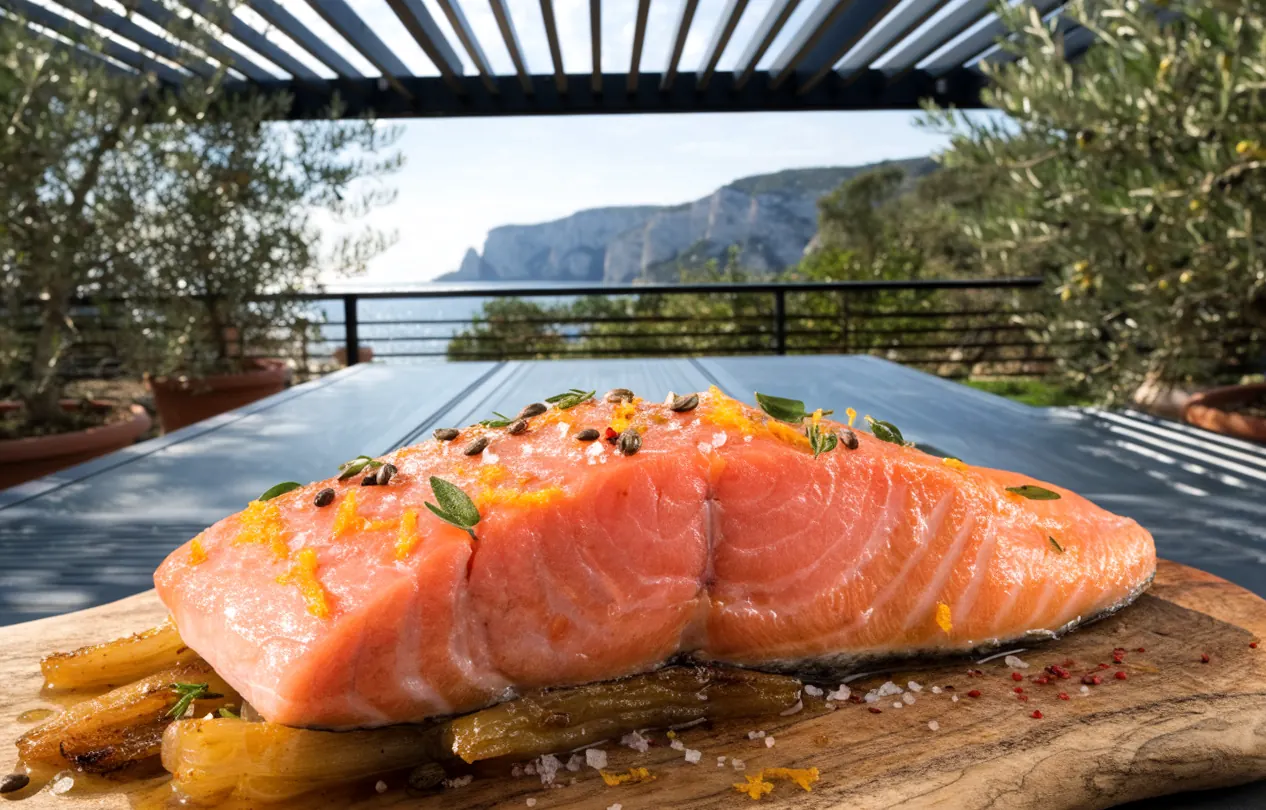 Baron de saumon rôti à basse température, tranché sur une planche avec du fenouil, sous une pergola bioclimatique