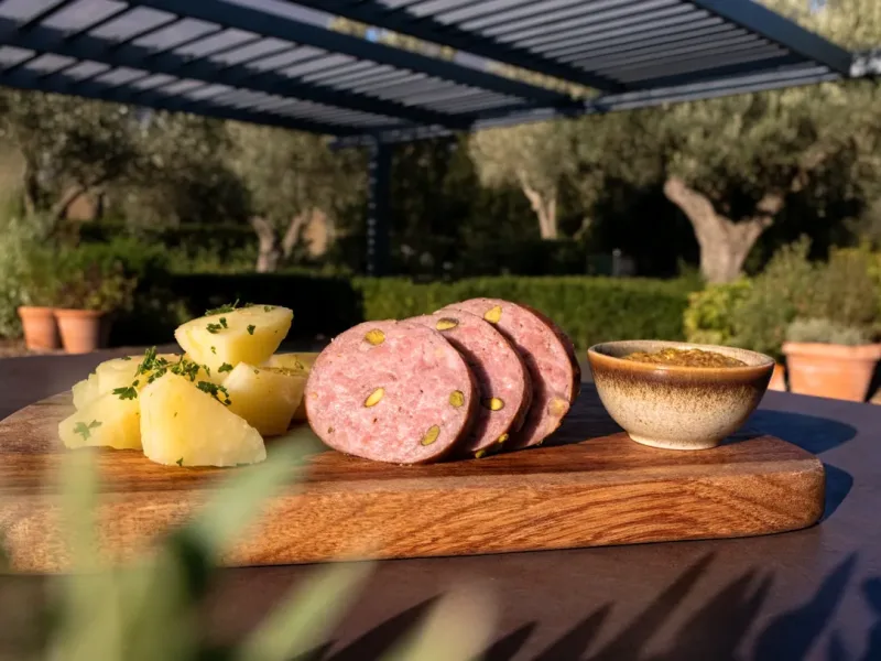 Saucisson pistaché embossé en baudruche de bœuf, servi en tranches avec des pommes de terre sous une pergola