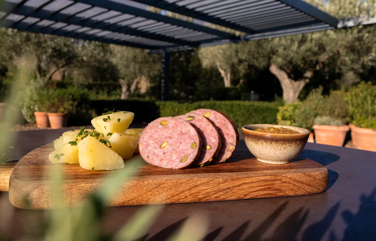 Saucisson pistaché embossé en baudruche de bœuf, servi en tranches avec des pommes de terre sous une pergola