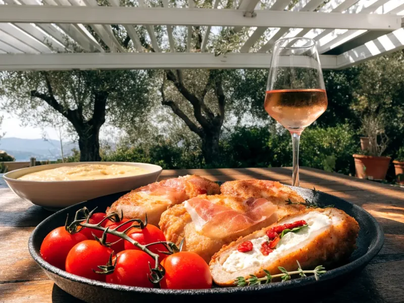 Blanc de poulet farci au four au chèvre et tomates séchées, roulé de jambon cru, sous une pergola bioclimatique