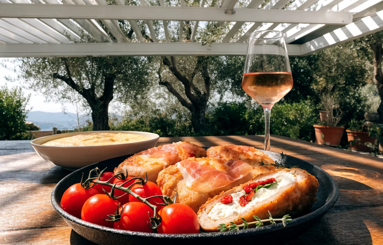 Blanc de poulet farci au four au chèvre et tomates séchées, roulé de jambon cru, sous une pergola bioclimatique