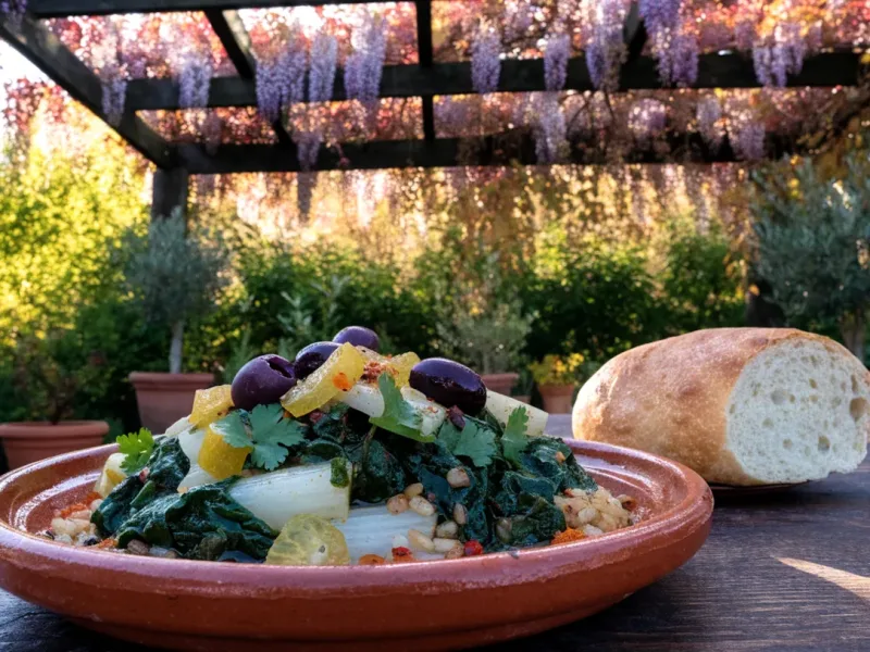 Blettes à la marocaine au riz, citron confit et olives dans un plat en terre cuite, sous une pergola en bois et glycine