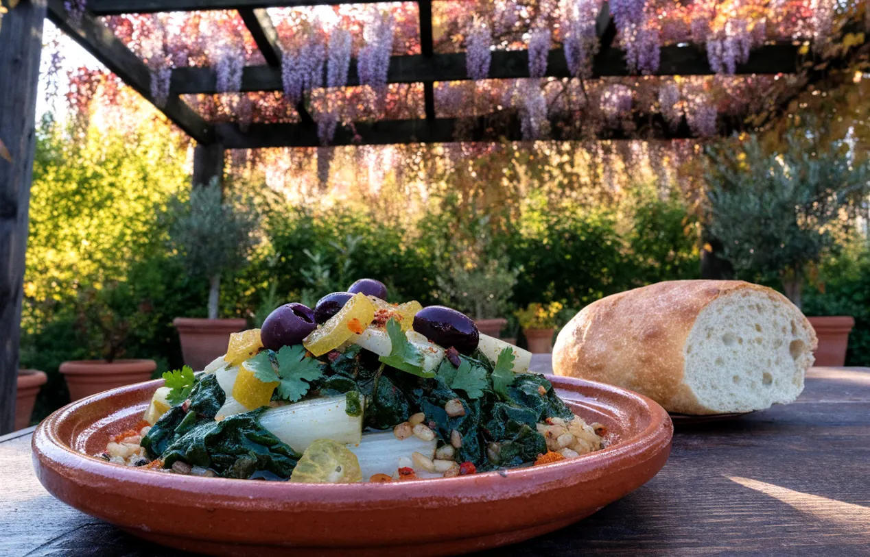 Blettes à la marocaine au riz, citron confit et olives dans un plat en terre cuite, sous une pergola en bois et glycine
