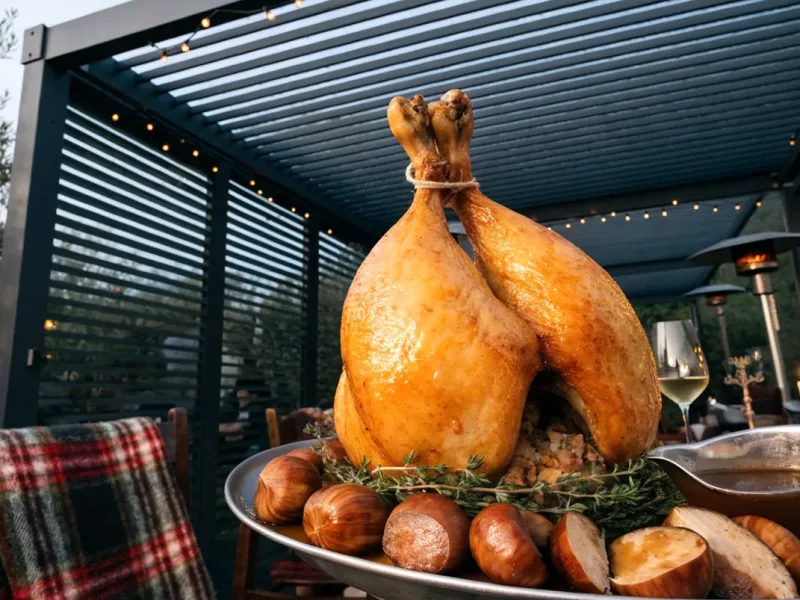 Chapon farci aux marrons rôti, entouré de marrons dorés dans le jus, sur une table de fête sous une pergola fermée