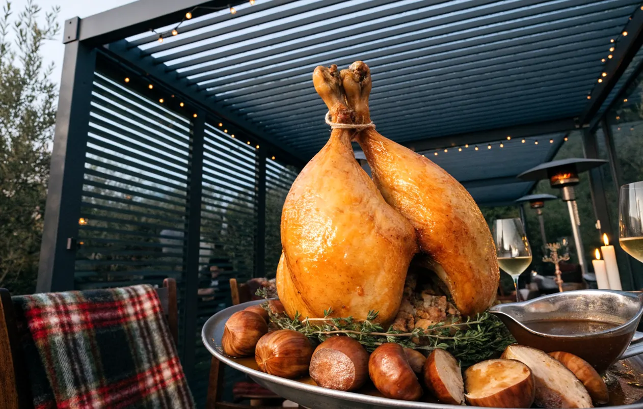 Chapon farci aux marrons rôti, entouré de marrons dorés dans le jus, sur une table de fête sous une pergola fermée