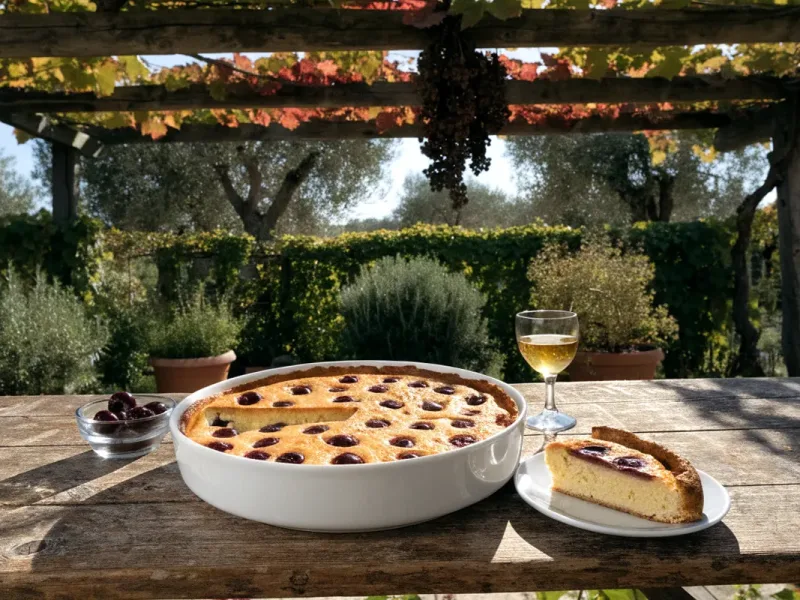 Clafoutis aux cerises aigres doré et part servie sur une table sous une pergola en bois couverte de vigne