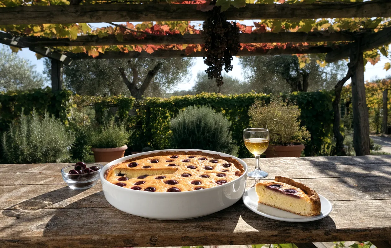 Clafoutis aux cerises aigres doré et part servie sur une table sous une pergola en bois couverte de vigne