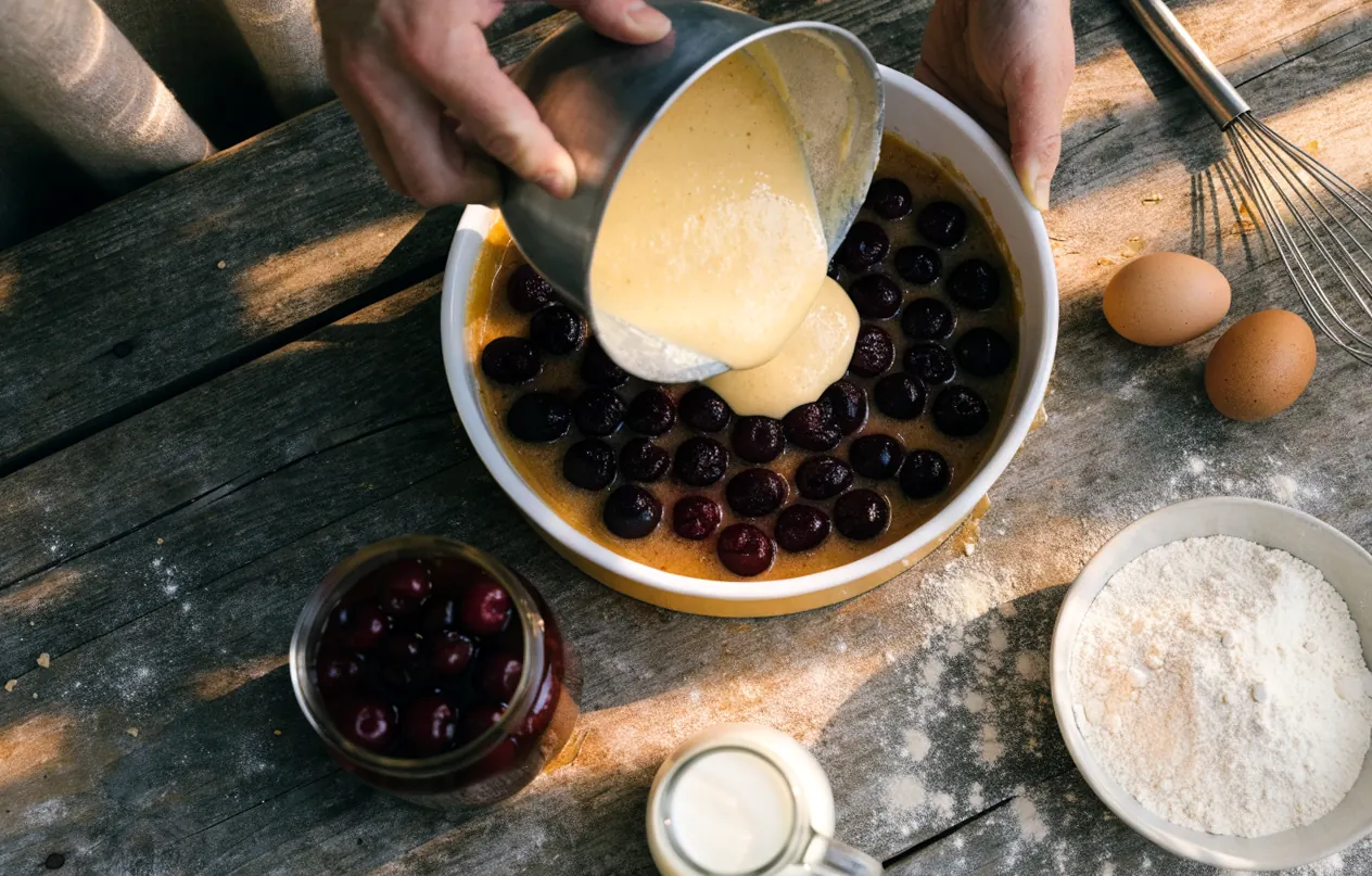 Préparation du clafoutis aux cerises aigres : pâte versée sur les griottes surgelées dans un plat beurré