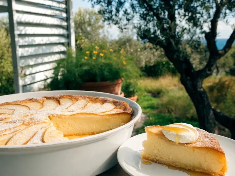 Clafoutis sans beurre aux poires dans un moule chemisé de papier cuisson, sous une pergola bioclimatique blanche