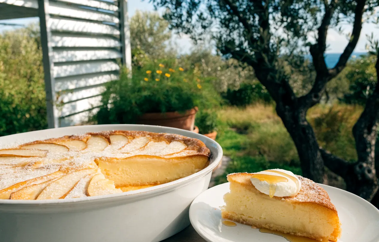 Clafoutis sans beurre aux poires dans un moule chemisé de papier cuisson, sous une pergola bioclimatique blanche