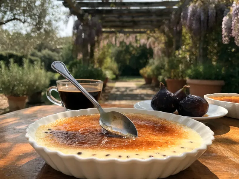 Crème brûlée maison au caramel croquant, à la vanille, servie avec des figues sous une pergola en bois et glycine