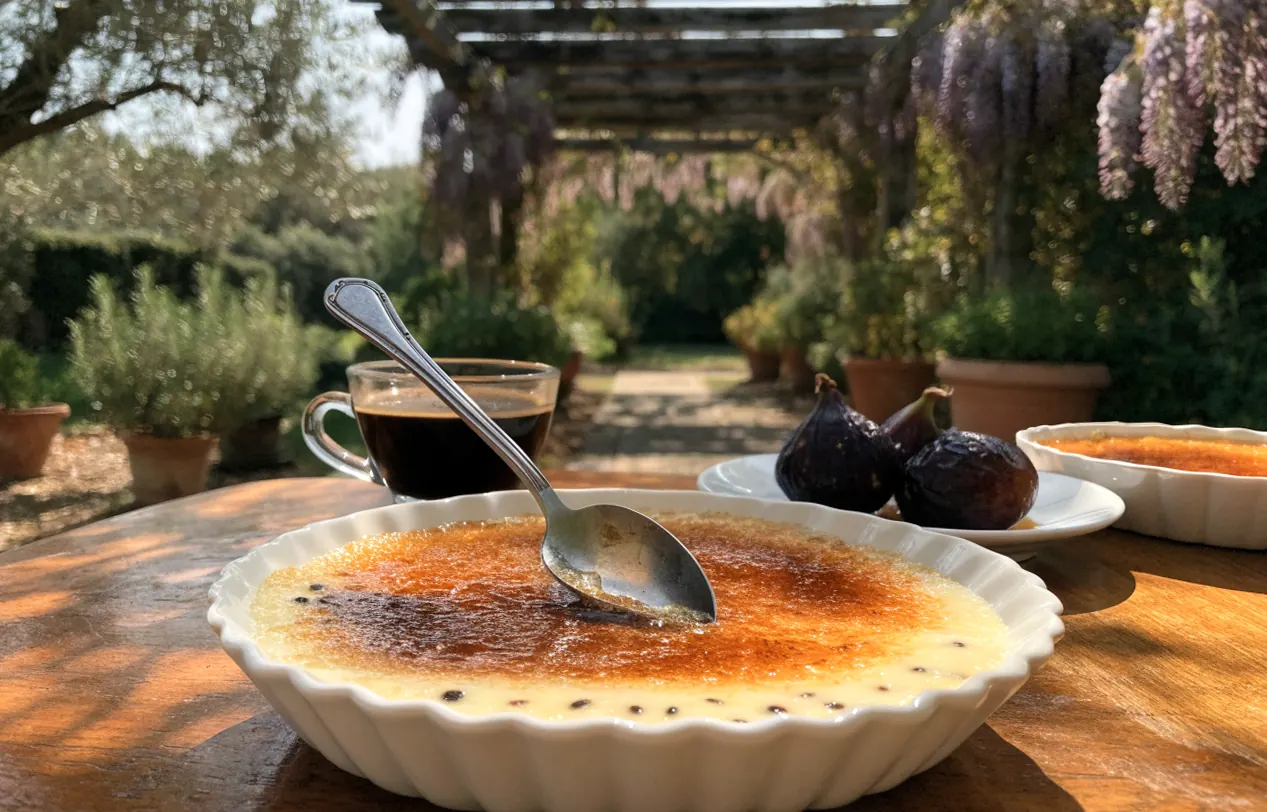 Crème brûlée maison au caramel croquant, à la vanille, servie avec des figues sous une pergola en bois et glycine