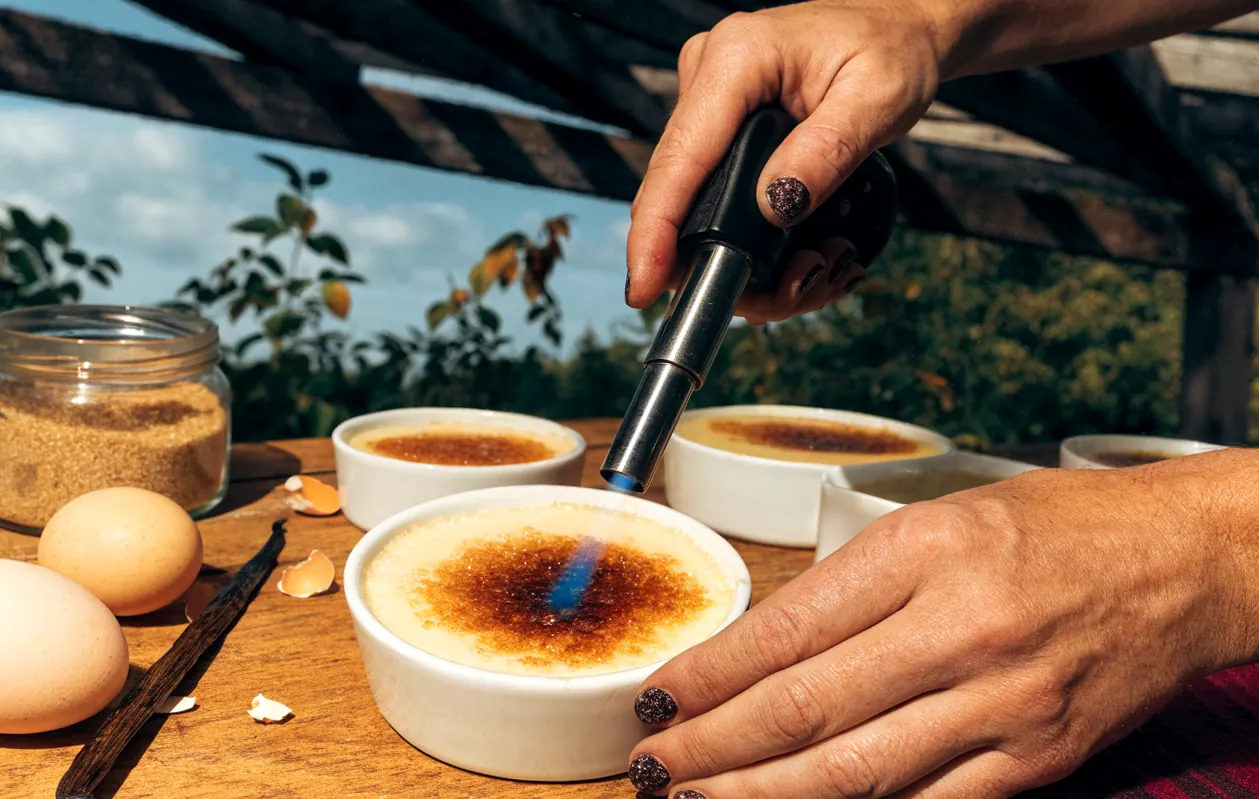 Caramélisation de la cassonade au chalumeau sur une crème brûlée maison