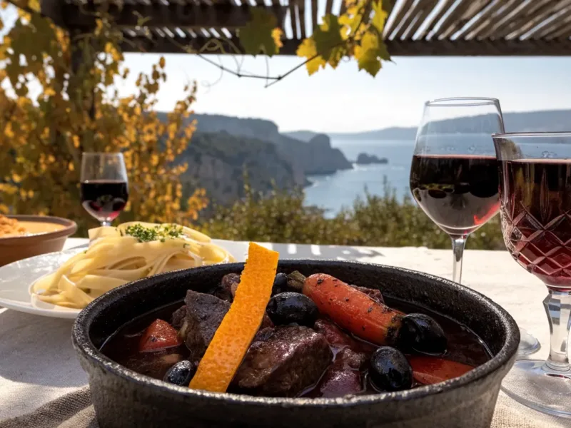 Daube provençale en cocotte au cœur d’un menu de cuisine festive, sous une pergola en bois avec vue sur la mer