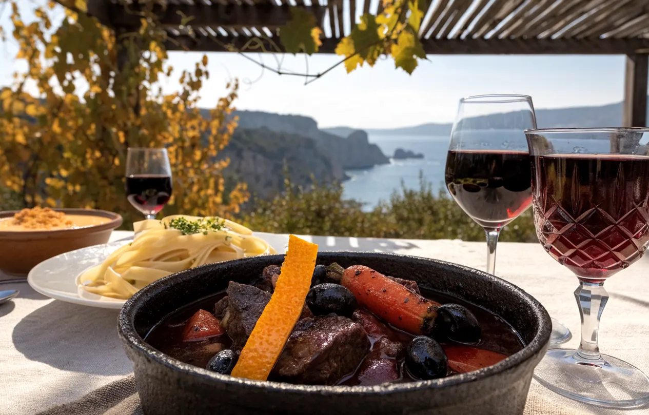 Daube provençale en cocotte au cœur d’un menu de cuisine festive, sous une pergola en bois avec vue sur la mer