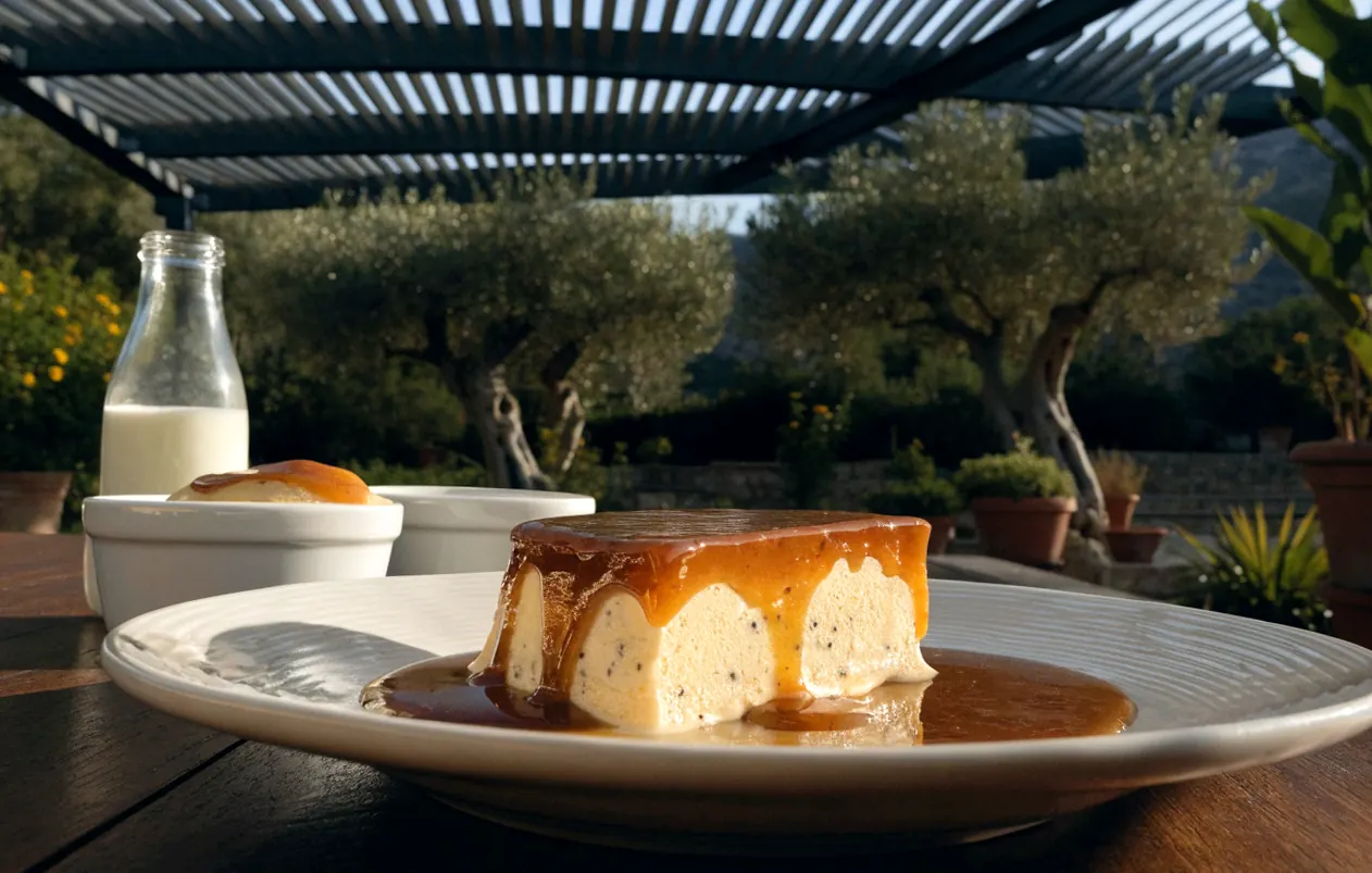 Crème caramel préparée avec 1/2 litre de lait, démoulée sous une pergola bioclimatique anthracite