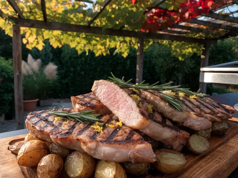 Entrecôtes de cochon grillées à la plancha, romarin et citron, sur une table sous une pergola en bois et vigne