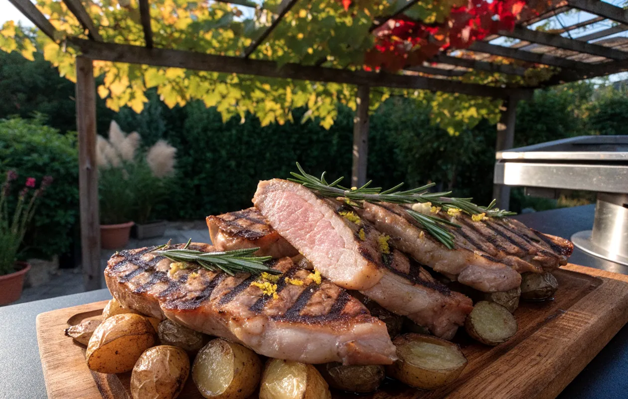 Entrecôtes de cochon grillées à la plancha, romarin et citron, sur une table sous une pergola en bois et vigne