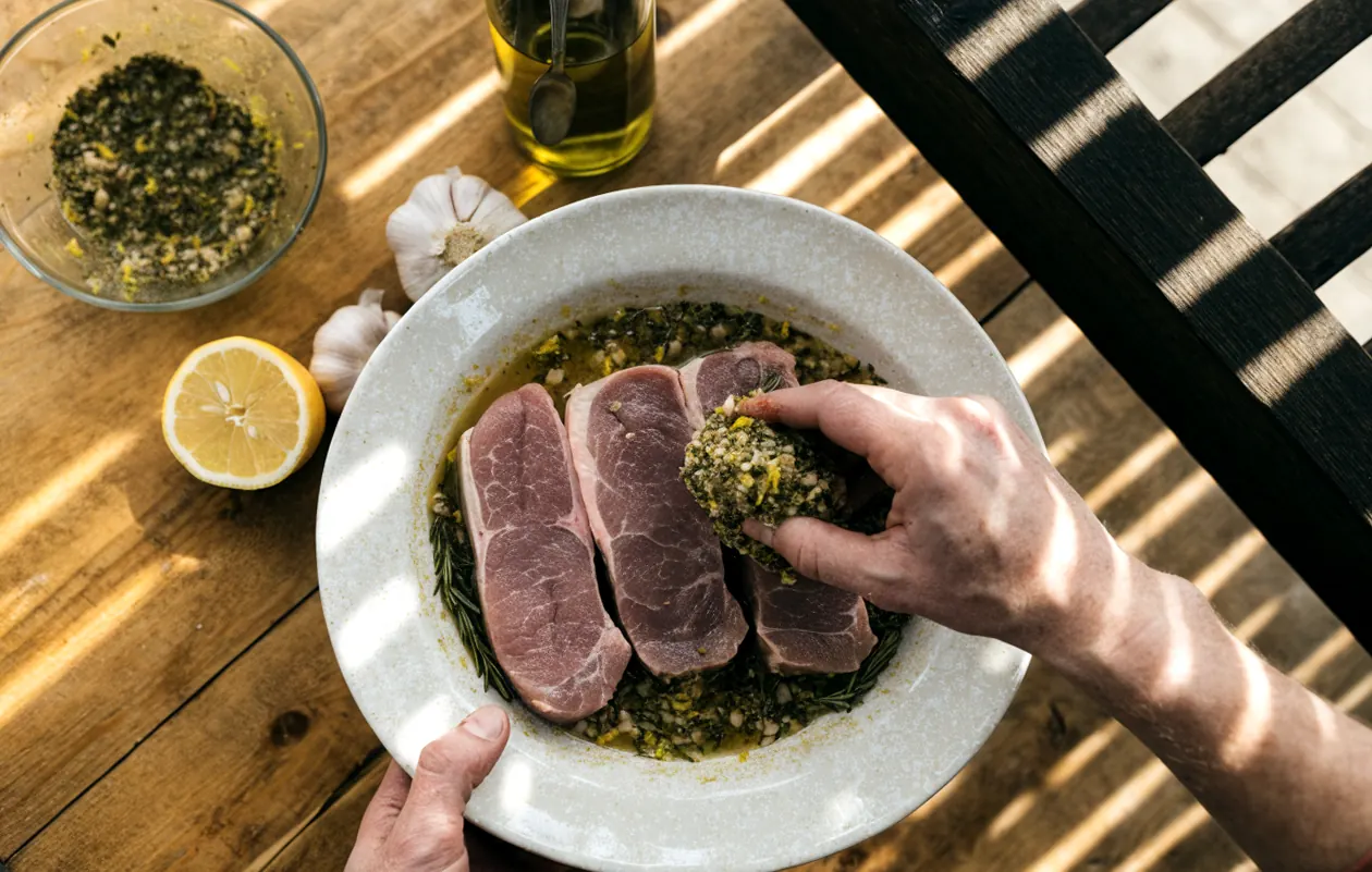 Marinade des entrecôtes de cochon à l’huile d’olive, ail, romarin, citron et herbes de Provence