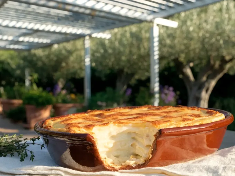 Gratin dauphinois traditionnel doré parfumé à la muscade servi sous une pergola bioclimatique blanche