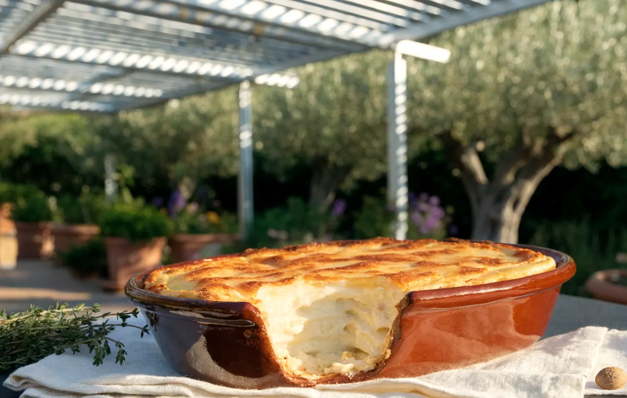 Traditional golden Dauphinois gratin, flavored with nutmeg, served under a white bioclimatic pergola