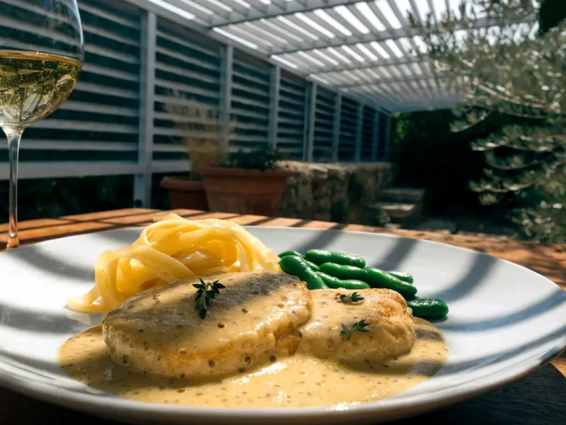 Escalopes de dinde à la moutarde à l’ancienne, tagliatelles et haricots verts sous une pergola bioclimatique blanche