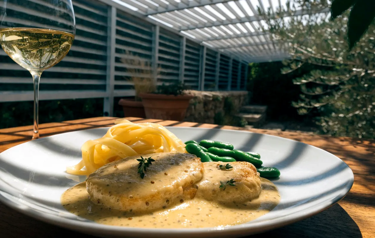 Escalopes de dinde à la moutarde à l’ancienne, tagliatelles et haricots verts sous une pergola bioclimatique blanche