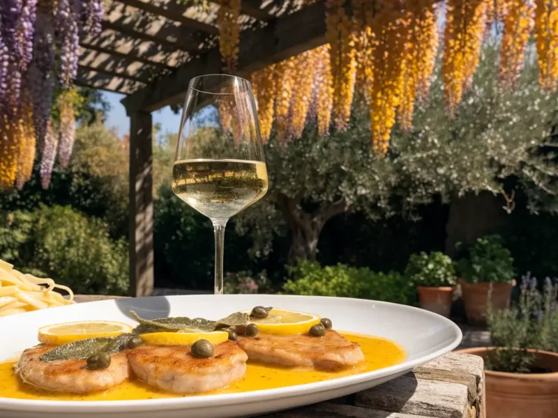 Escalopes de veau à la poêle au citron et à la sauge croustillante, servies sous une pergola en bois et glycine