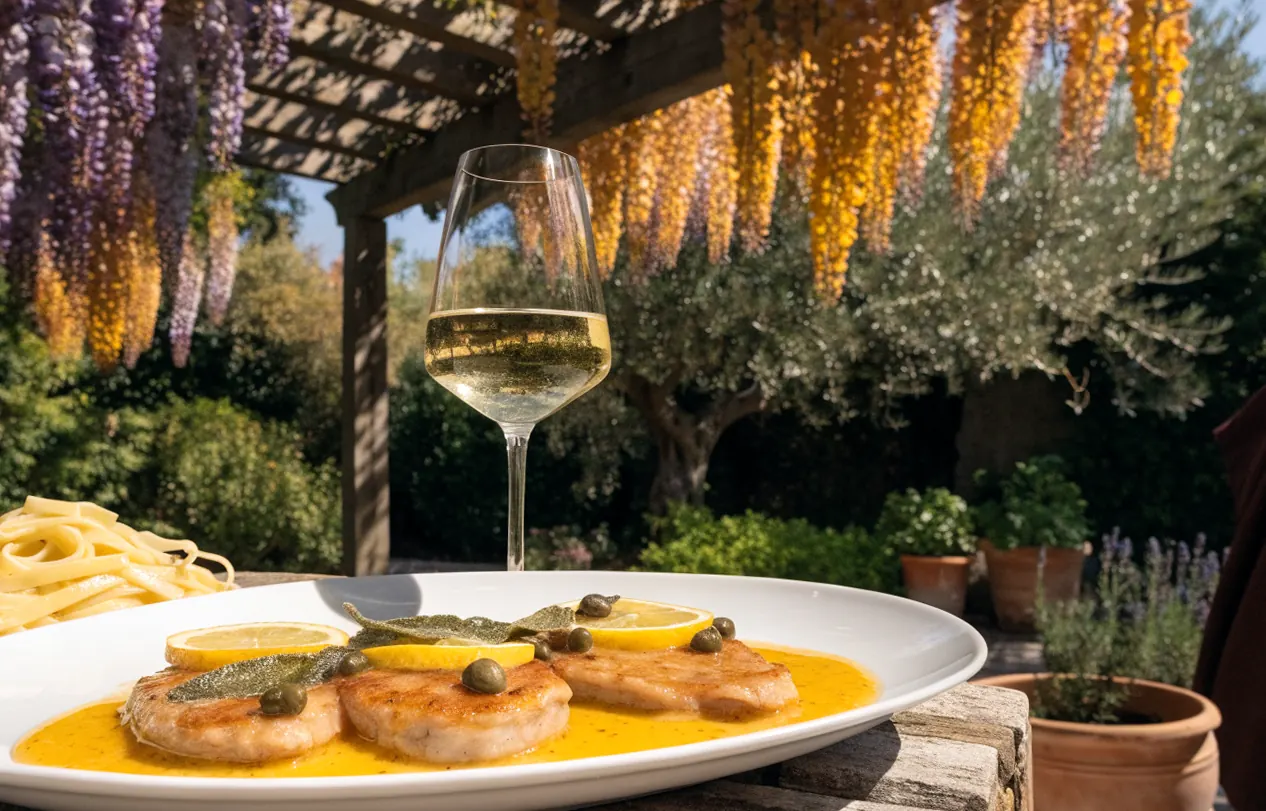 Escalopes de veau à la poêle au citron et à la sauge croustillante, servies sous une pergola en bois et glycine