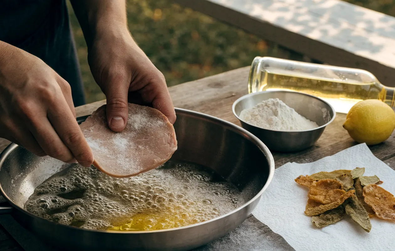 Cuisson d’une escalope de veau à la poêle dans le beurre mousseux, avec sauge et citron sur la table