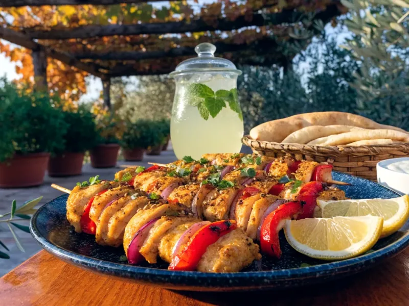 Brochettes d’escalopine halal de poulet citron-cumin, sauce au yaourt et citronnade sous une pergola en bois