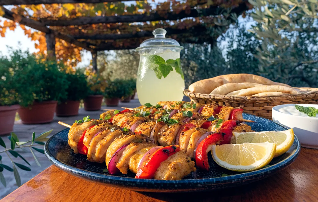 Brochettes d’escalopine halal de poulet citron-cumin, sauce au yaourt et citronnade sous une pergola en bois