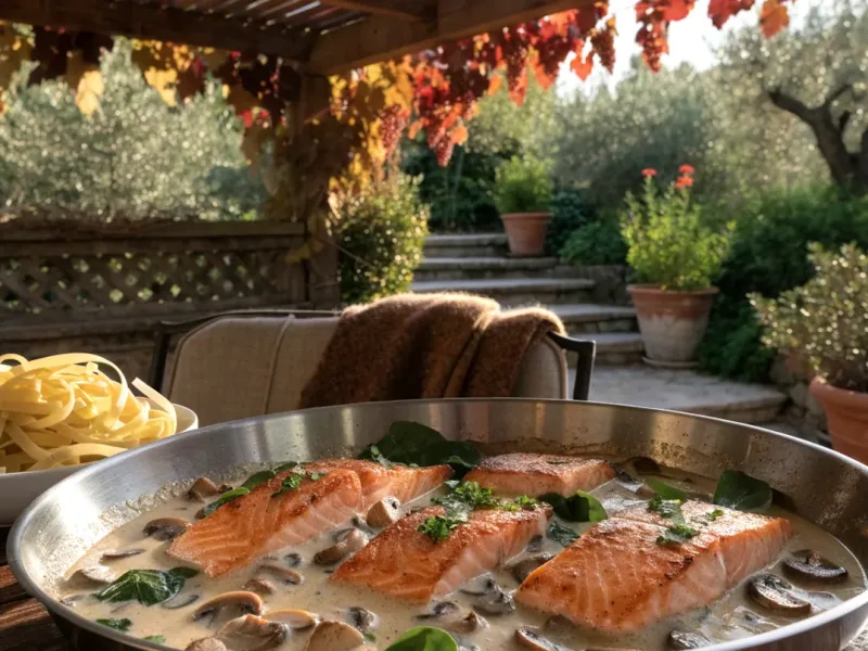 Filet de saumon en sauce crème aux champignons et aux épinards dans une sauteuse sous une pergola en bois