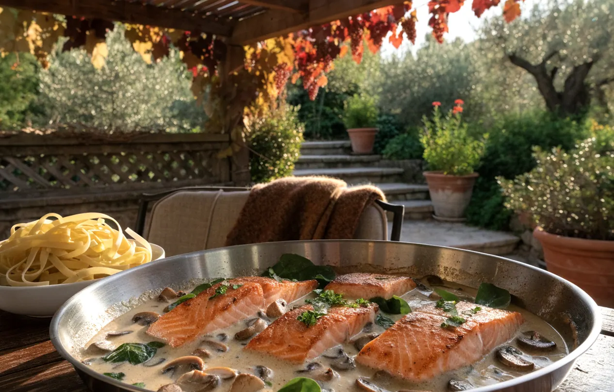 Filet de saumon en sauce crème aux champignons et aux épinards dans une sauteuse sous une pergola en bois