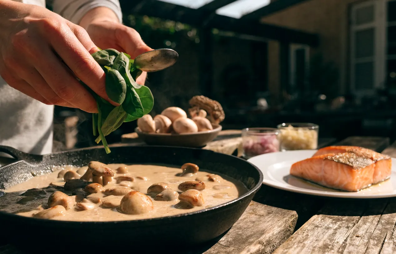 Préparation du filet de saumon en sauce : épinards ajoutés à la crème aux champignons dans la sauteuse