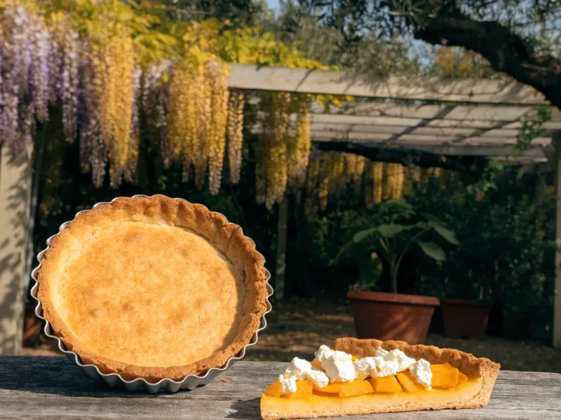 Fond de tarte salé maison précuit à blanc dans un moule cannelé, sur une table sous une pergola en bois