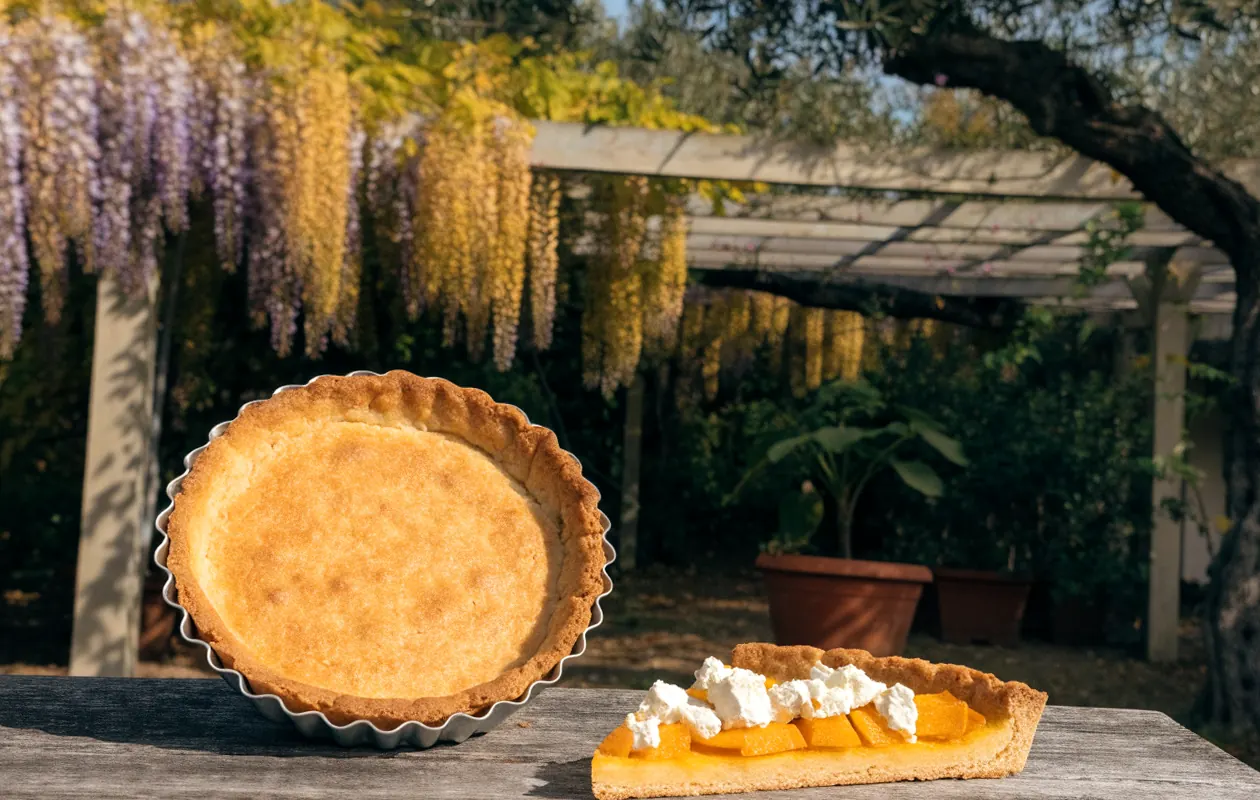 Fond de tarte salé maison précuit à blanc dans un moule cannelé, sur une table sous une pergola en bois