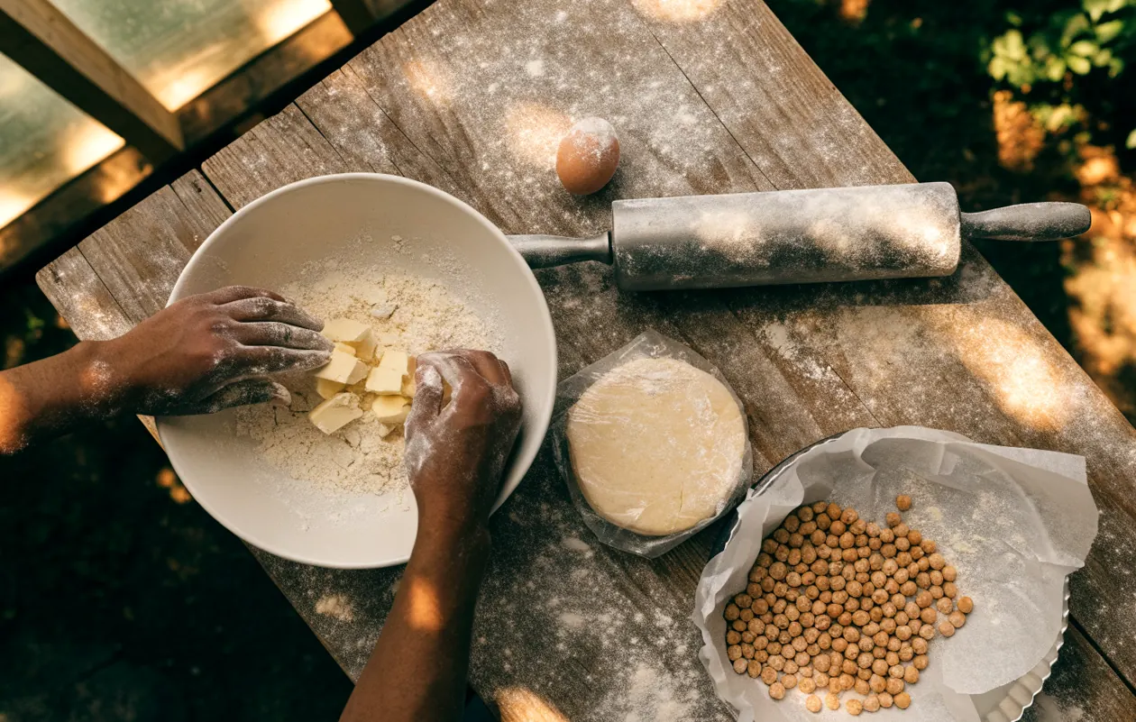 Mains qui sablent le beurre et la farine pour une pâte brisée de fond de tarte salé, vue de dessus