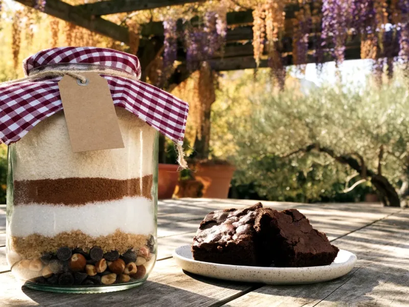 Gâteau en bocal à offrir : kit brownie en couches et parts de brownie sur une table sous une pergola en bois