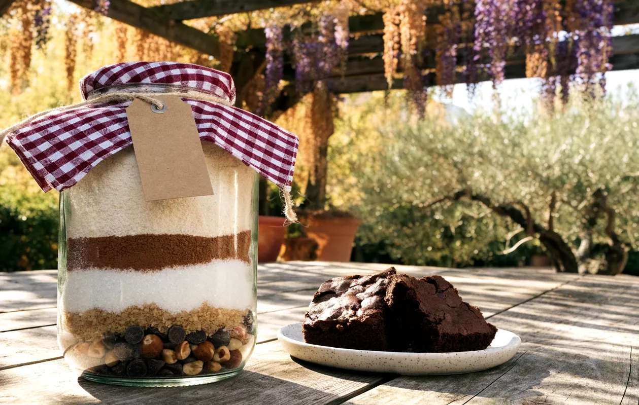 Gâteau en bocal à offrir : kit brownie en couches et parts de brownie sur une table sous une pergola en bois