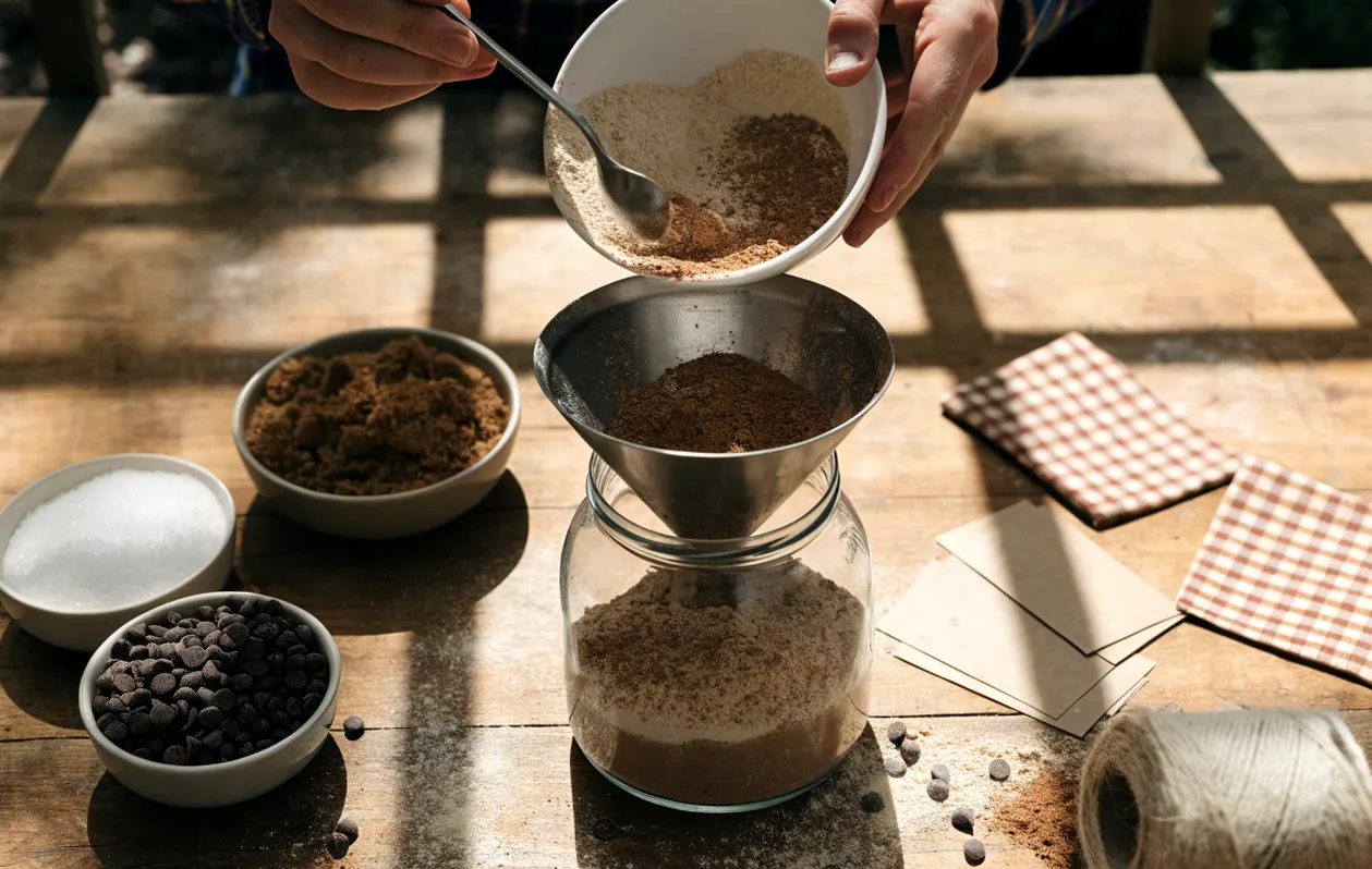 Préparation d’un gâteau en bocal à offrir : les ingrédients secs versés en couches à l’entonnoir