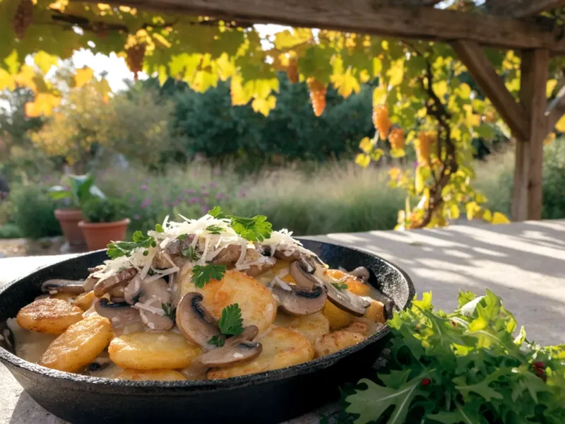Gnocchis aux champignons poêlés, sauce crème et parmesan, dans une poêle en fonte sous une pergola en bois et vigne