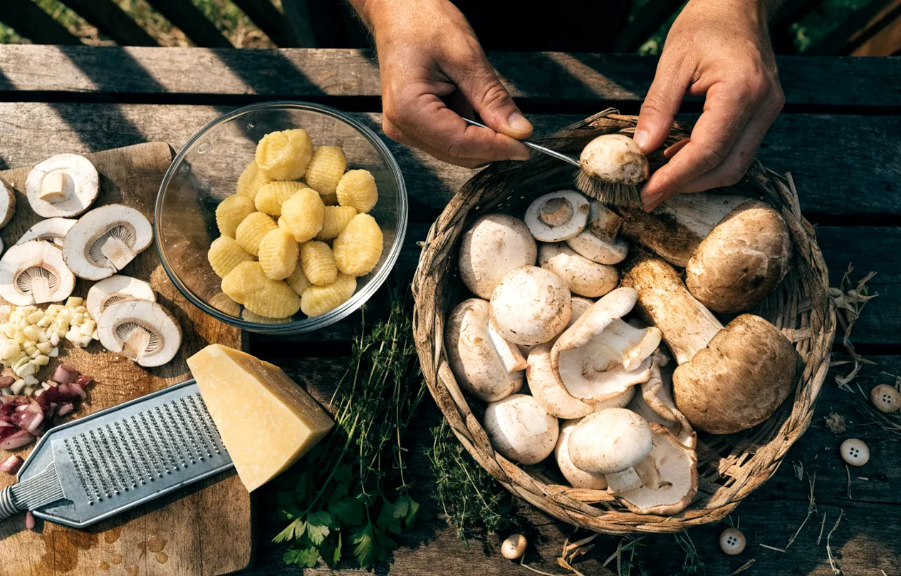 Préparation des gnocchis aux champignons : champignons de Paris, pleurotes et cèpes nettoyés sur une planche