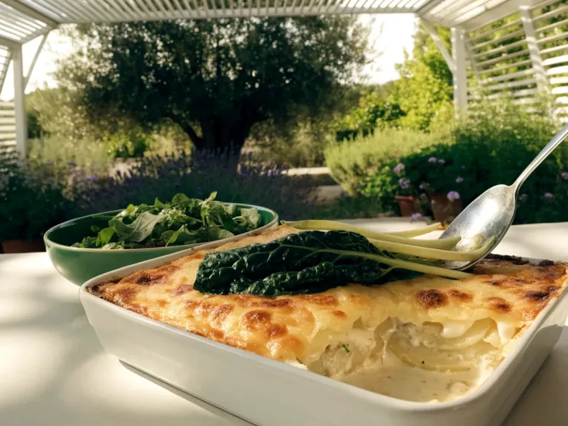Gratin de blettes pommes de terre doré à la béchamel, une part servie, sous une pergola bioclimatique blanche