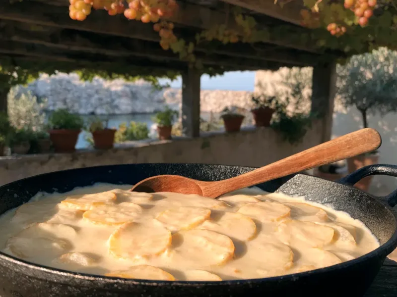 Gratin dauphinois à la poêle crémeux dans une sauteuse en fonte, sur une table sous une pergola en bois avec vigne